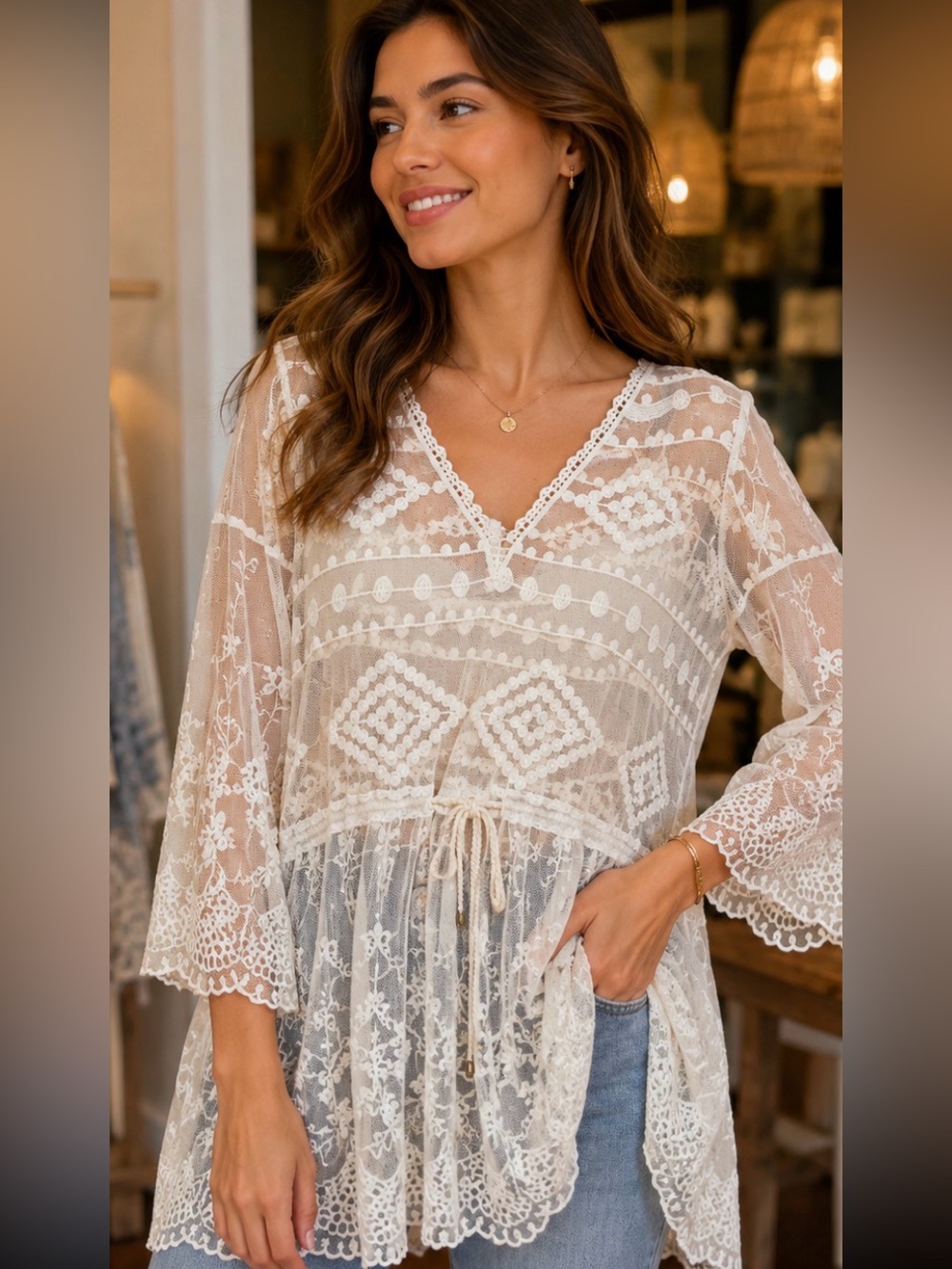 She-Sky  Beach Cover Sheer Embroidered V-Neck Tunic Top in Ivory One Size